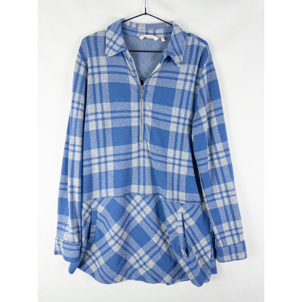 Soft Surroundings Plaid Half Zip Pullover Top Womens M Blue Gray Cozy Boho